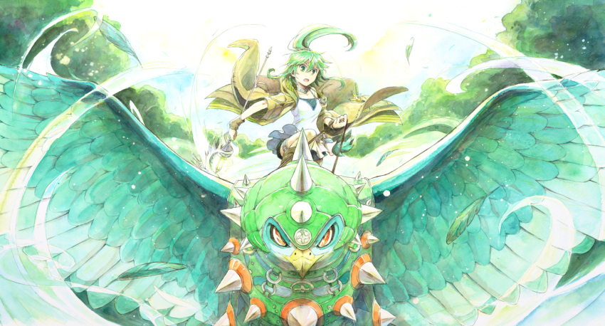 1girl beak bird breasts collar collarbone daigusto_gulldos duel_monster gloves green_eyes green_hair gusto_gulldo hair_ornament jacket jewelry long_hair mizutama_(mizutamalion) necklace open_mouth ponytail shorts solo staff traditional_media watercolor_(medium) winda_priestess_of_gusto yu-gi-oh!