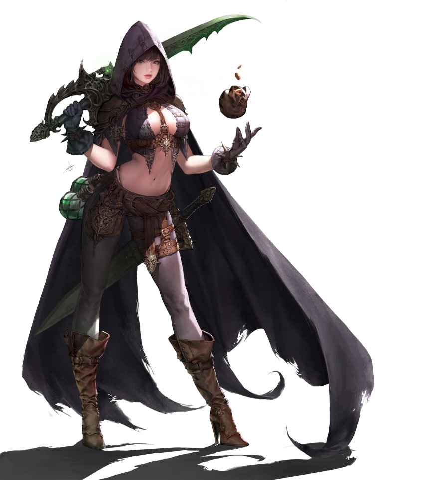 1girl absurdres belt belt_pouch between_breasts black_cloak black_gloves boots bracelet breasts breasts_apart brown_boots brown_hair cloak daeho_cha earrings eyelashes full_body gloves gold grey_eyes high_heel_boots high_heels highres holding holding_sword holding_weapon holster hood hooded_cloak hoop_earrings jewelry legs_apart lips looking_at_viewer medium_breasts nose original over_shoulder parted_lips pauldrons pink_lips pouch sheath sheathed short_hair shoulder_pads simple_background solo spiked_bracelet spikes strap sword thigh_holster thigh_strap weapon weapon_over_shoulder white_background