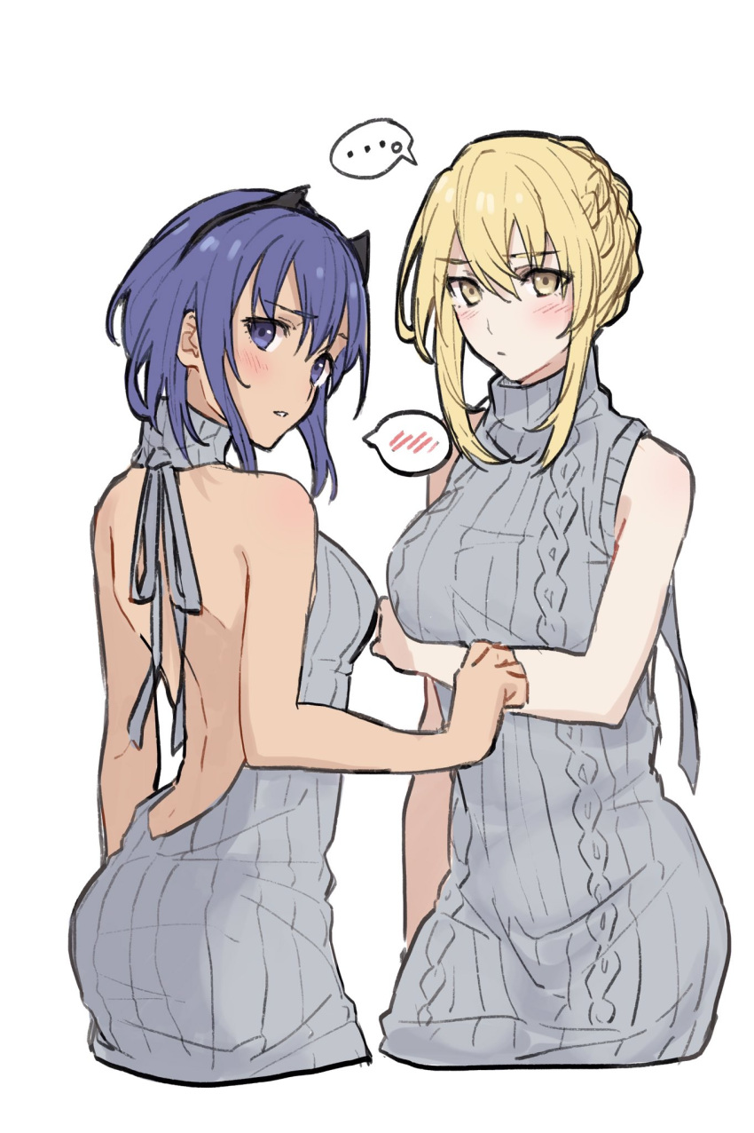 2girls artoria_pendragon_alter_(fate/grand_order) artoria_pendragon_lancer_(fate/grand_order) ass assassin_(fate/prototype_fragments) backless_outfit blonde_hair blush breasts dark_persona dark_skin dress fate/grand_order fate/prototype fate/prototype:_fragments_of_blue_and_silver fate_(series) halterneck highres long_hair looking_at_viewer multiple_girls nari no_bra open-back_dress purple_hair ribbed_sweater saber saber_alter short_hair sweater sweater_dress turtleneck turtleneck_sweater violet_eyes virgin_killer_sweater
