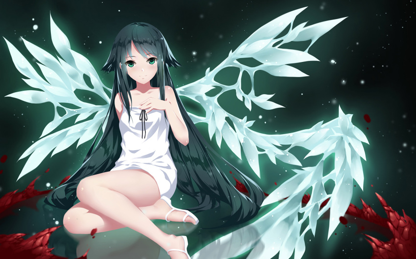 1girl arm_behind_back asymmetrical_wings bangs bare_arms bare_legs bare_shoulders black_hair black_ribbon blood breast_suppress cangkong closed_mouth dress eyebrows_visible_through_hair flat_chest green_eyes green_hair hair_flaps hand_on_own_chest highres light_particles long_hair looking_at_viewer reflection ribbon saya saya_no_uta shoes sitting sleeveless sleeveless_dress smile solo sundress very_long_hair wallpaper white_dress white_shoes wings