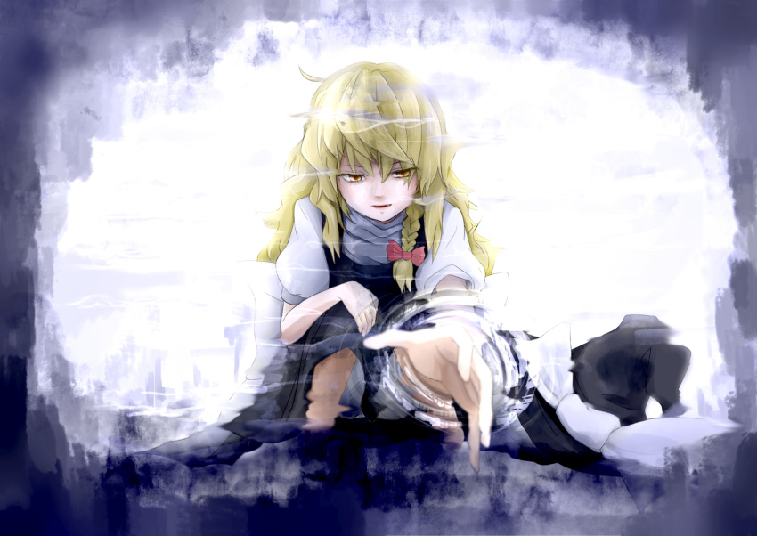 1girl backlighting black_vest blonde_hair bow braid day distortion expressionless from_below hair_bow hat hat_removed headwear_removed kirisame_marisa looking_at_viewer looking_down parted_lips pov pov_hands reaching ripples shirt short_sleeves single_braid solo squatting touhou turtleneck vest water white_shirt yawl yellow_eyes