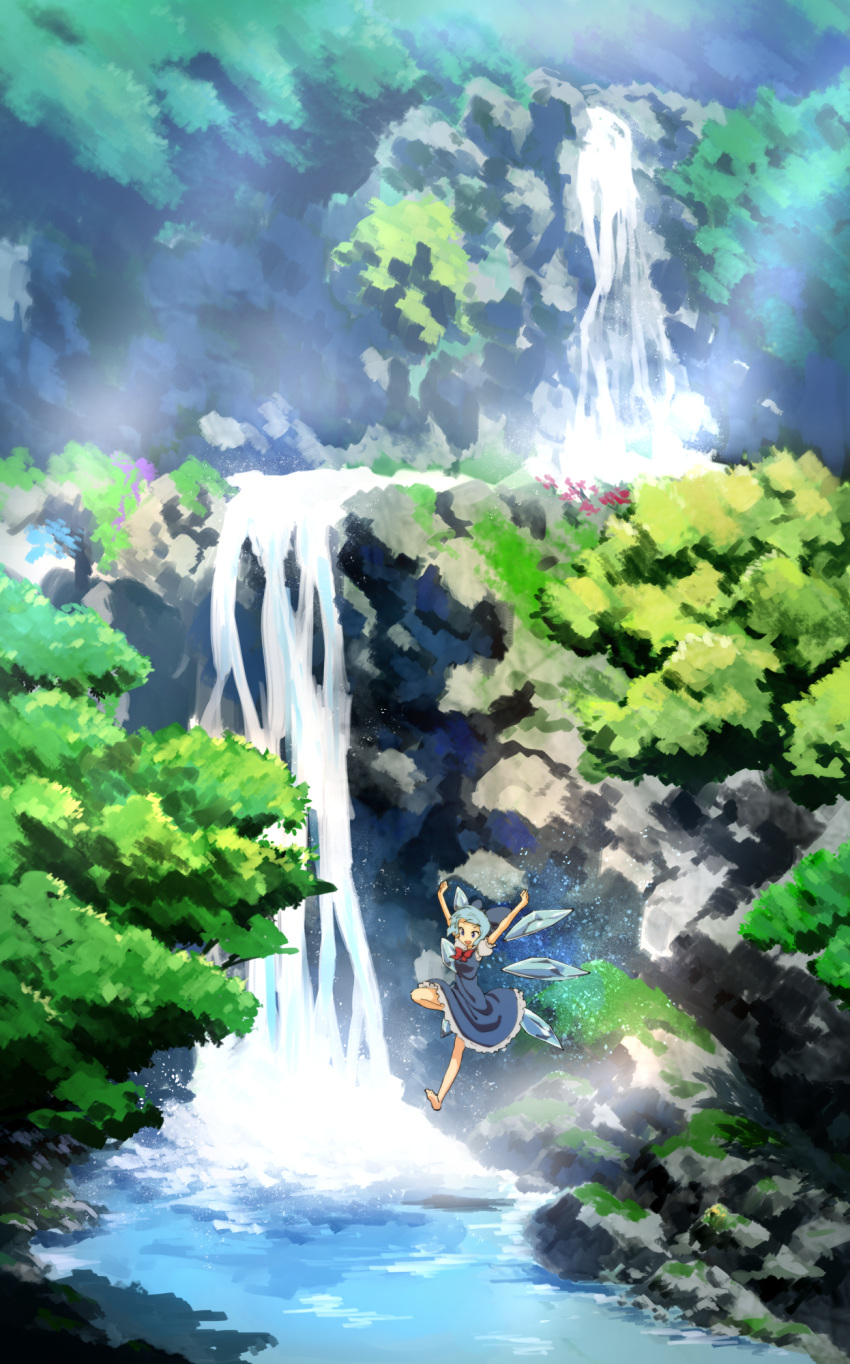 1girl bare_legs barefoot blue_dress blue_eyes blue_hair bow bowtie cirno dress flying highres ice ice_wings mountain puffy_short_sleeves puffy_sleeves scenery short_sleeves siyajiyatouhou solo touhou tree water waterfall wings