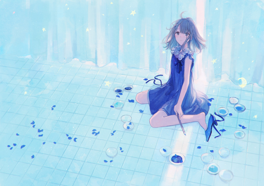 1girl 72_(nananatsu) absurdres ahoge blue blue_dress blue_shoes brown_hair crescent curtains dress highres indoors long_hair monochrome paintbrush sangatsu_no_phantasia scenery shoes sitting solo star tile_floor tiles wariza