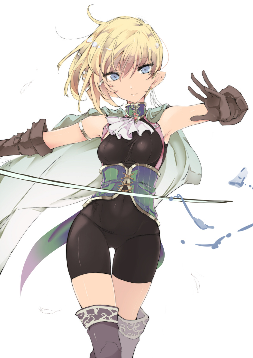 1girl armpits blonde_hair blue_eyes bodysuit boots breasts brown_gloves cape covered_navel elbow_gloves elf gloves highres holding holding_sword holding_weapon original pantylines pointy_ears short_hair simple_background smile solo sword thigh-highs thigh_boots touma_kisa weapon white_background
