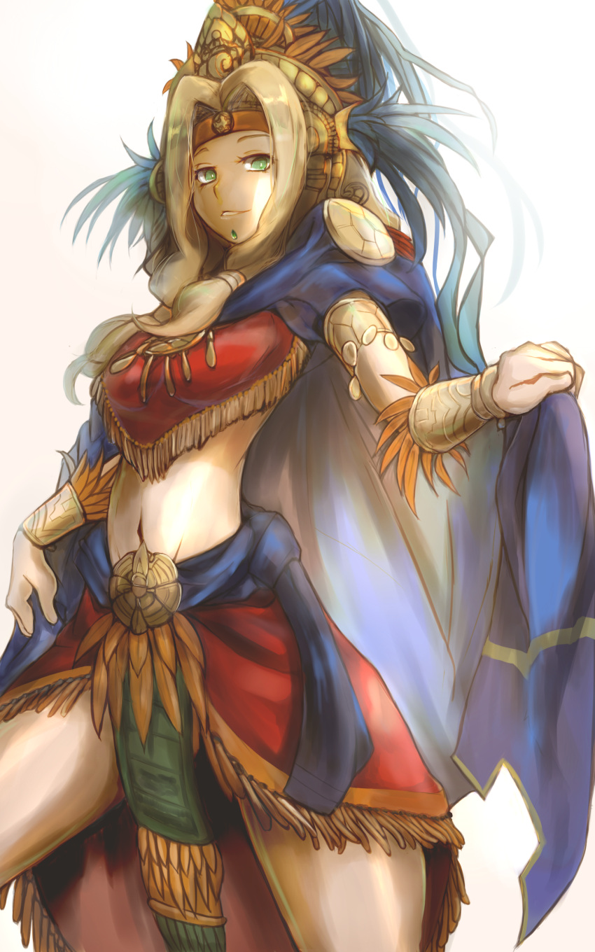 1girl absurdres arm_guards blonde_hair blue_cape bracer breasts cape commentary_request cowboy_shot emerald fate/grand_order fate_(series) feathers fringe gem green_eyes grin headband headdress highres jewelry long_hair looking_at_viewer medium_breasts midriff navel parted_lips quetzalcoatl_(fate/grand_order) shirokuma1414 simple_background smile solo standing stomach white_background