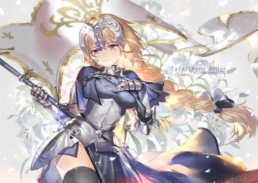 1girl :d armor armored_dress black_legwear blonde_hair blue_eyes braid capelet chains copyright_name fate/apocrypha fate/grand_order fate_(series) faulds flag floral_background flower gauntlets headpiece holy_pumpkin light light_particles long_hair looking_at_viewer low-tied_long_hair open_mouth petals ruler_(fate/apocrypha) sheath sheathed single_braid smile solo sword thigh-highs thighs weapon wind