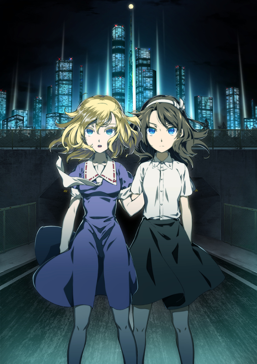 2girls bangs black_skirt blonde_hair blue_eyes breasts brown_hair building city_lights closed_mouth collarbone collared_dress cowboy_shot dress eyebrows_visible_through_hair full_moon futoumeido hair_between_eyes hairband hand_on_another's_back highres looking_at_viewer maribel_hearn moon multiple_girls necktie night night_sky open_mouth outdoors puffy_short_sleeves puffy_sleeves purple_dress serious shirt short_hair short_sleeves skirt sky skyscraper touhou usami_renko white_shirt