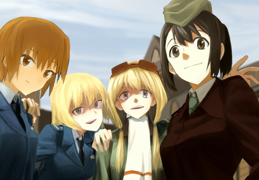 4girls :d black_necktie blonde_hair blue_jacket blue_sky brown-framed_eyewear brown_eyes brown_hair brown_jacket building carla_j_luksic closed_mouth day garrison_cap geena_preddy goggles goggles_on_head green_eyes green_hat green_necktie grey_eyes hair_tie hat jacket jennifer_j_deblanc long_hair long_sleeves looking_at_viewer low_twintails marian_e_carl military military_uniform multiple_girls necktie open_mouth outdoors scarf shiratama_(hockey) short_hair sky smile tareme twintails uniform upper_body white_scarf world_witches_series