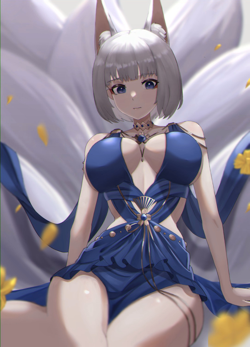 1girl animal_ear_fluff animal_ears autumn_leaves azur_lane bare_shoulders blue_dress blue_eyes breasts center_opening dress evening_gown fox_ears fox_tail grey_hair highres kaga_(azur_lane) kaga_(white-tailed_magnificence)_(azur_lane) kyuubi large_breasts looking_at_viewer multiple_tails official_alternate_costume short_hair sleeveless sleeveless_dress solo tail white_hair white_tail yofo