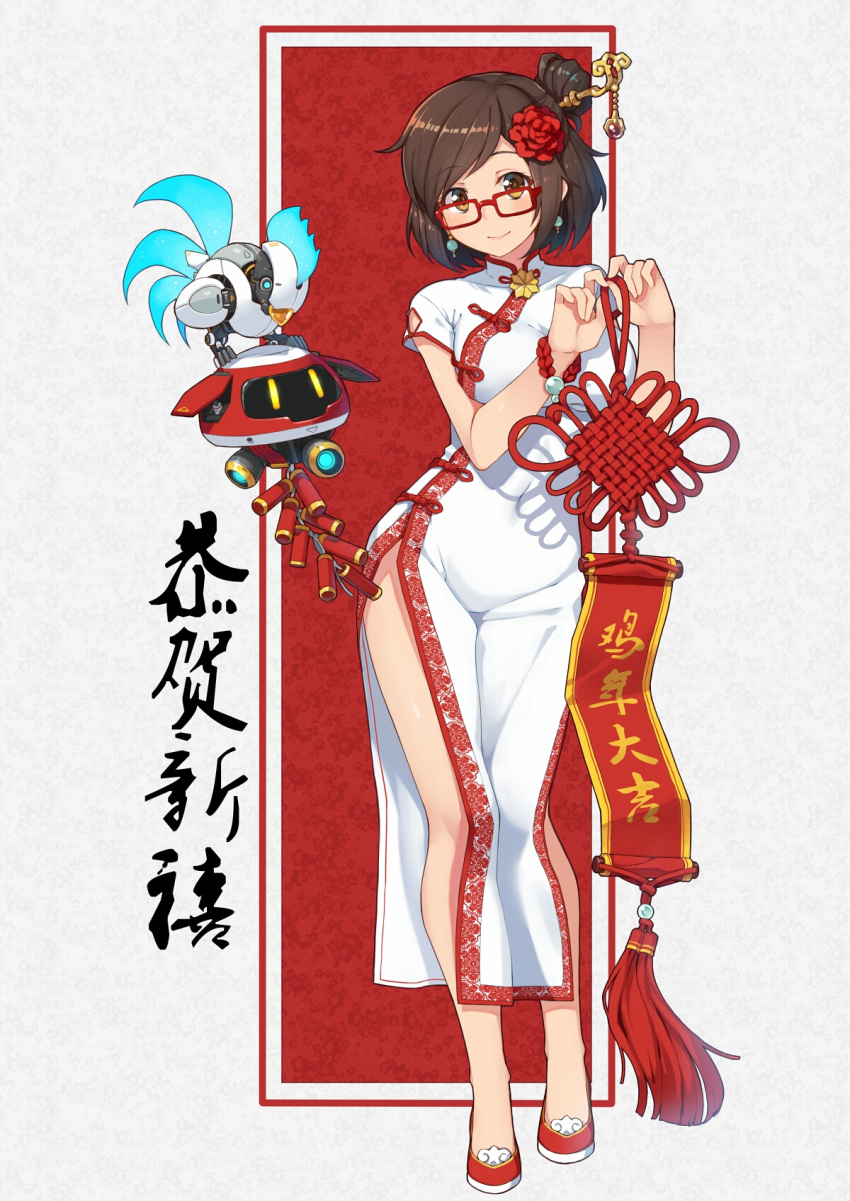 1girl alternate_glasses bird blush breasts brown_eyes brown_hair chicken china_dress chinese_clothes contrapposto dress drone earrings firecrackers flower full_body glasses hair_bun hair_flower hair_ornament hair_stick highres holding jewelry light_smile looking_at_viewer mechanical_bird medium_breasts mei_(overwatch) nengajou new_year overwatch patterned_background red-framed_eyewear red_shoes robot rooster shoes short_hair short_sleeves snowball_(overwatch) solo standing terras translation_request white_background white_dress