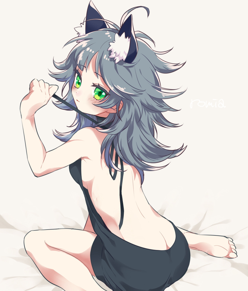 1girl animal_ears antenna_hair ass backless_outfit bare_shoulders barefoot blush breasts butt_crack character_name dress from_behind gen_(gen_m_gen) green_eyes grey_hair halterneck highres knit_one-piece looking_at_viewer looking_back messy_hair naked_sweater open-back_dress puzzle_&amp;_dragons romia_(p&amp;d) sideboob sitting solo sweater sweater_dress turtleneck turtleneck_sweater virgin_killer_sweater wariza wolf_ears