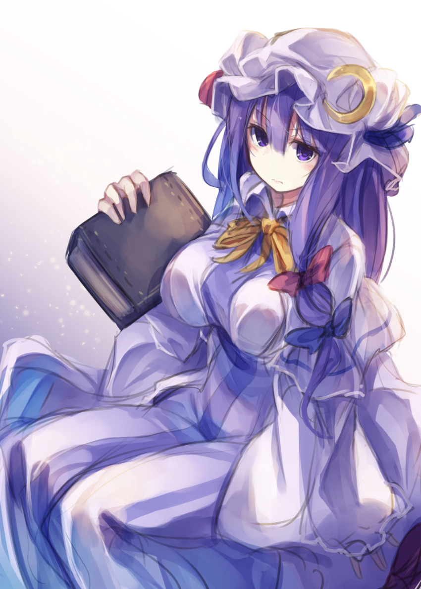 &gt;:| 1girl blue_bow blush book bow bowtie breasts closed_mouth colored crescent dress fal_maro gradient gradient_background hair_between_eyes hair_bow hair_ornament hat hat_bow highres holding holding_book large_breasts long_hair long_sleeves looking_at_viewer looking_up mob_cap patchouli_knowledge purple_hair red_bow simple_background sitting sketch solo striped striped_dress touhou vertical-striped_dress vertical_stripes vest violet_eyes wide_sleeves yellow_bow yellow_bowtie