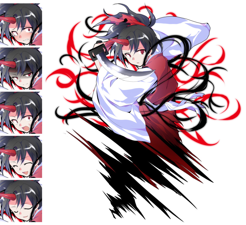 1girl :d bangs black_hair blush closed_eyes closed_mouth commentary_request dairi holding holding_sword holding_weapon horn konngara long_sleeves looking_at_viewer open_mouth ponytail red_eyes shaded_face simple_background smile sweat sword tachi-e tears touhou touhou_(pc-98) weapon white_background