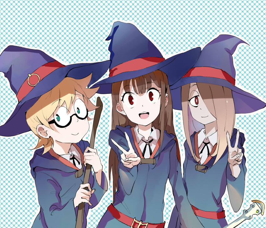 3girls absurdres akko_kagari blonde_hair broom brown_eyes brown_hair freckles glasses green_eyes hair_over_one_eye hat highres light_brown_hair little_witch_academia long_hair looking_at_viewer lotte_yanson multiple_girls open_mouth polka_dot polka_dot_background semi-rimless_glasses short_hair sishenfan sketch smile sucy_manbavaran under-rim_glasses upper_body v witch witch_hat