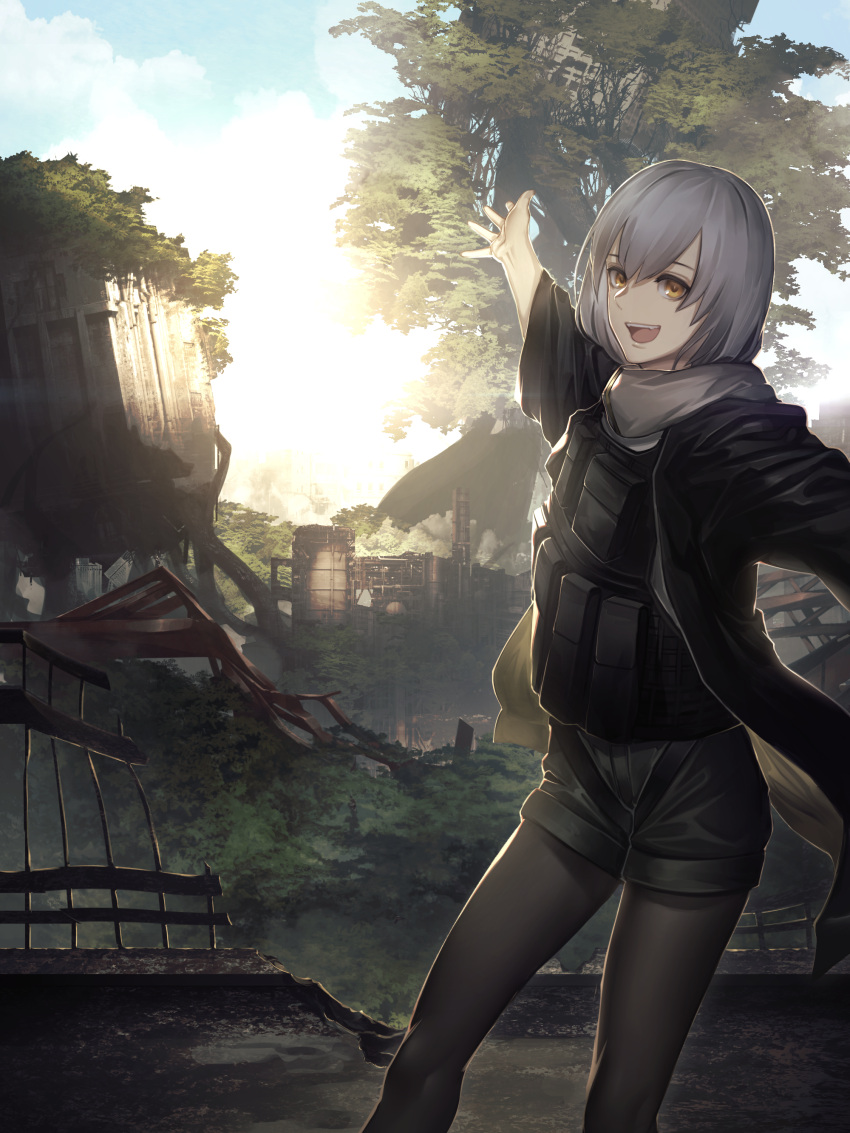 1girl :d absurdres bangs black_jacket black_legwear black_shorts blue_sky brown_eyes building clouds cloudy_sky day eyebrows_behind_hair fangs feet_out_of_frame fixro2n grey_hair hair_between_eyes highres jacket legwear_under_shorts long_sleeves looking_at_viewer open_clothes open_jacket open_mouth original outdoors outstretched_arm pantyhose ruins scarf shirt short_shorts shorts sky smile solo sunlight tree white_scarf white_shirt wide_sleeves