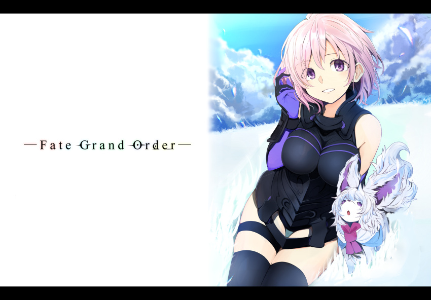 1girl :o bangs black_gloves black_legwear black_leotard blue_sky breasts chestnut_mouth cleavage clouds cloudy_sky copyright_name elbow_gloves eyebrows_visible_through_hair fate/grand_order fate_(series) fou_(fate/grand_order) gloves hair_between_eyes hand_in_hair hand_up highres kazenoko large_breasts lavender_hair letterboxed looking_at_viewer looking_up outdoors parted_lips shielder_(fate/grand_order) short_hair sitting sky smile solo tareme thigh-highs thigh_gap thigh_strap thighs violet_eyes