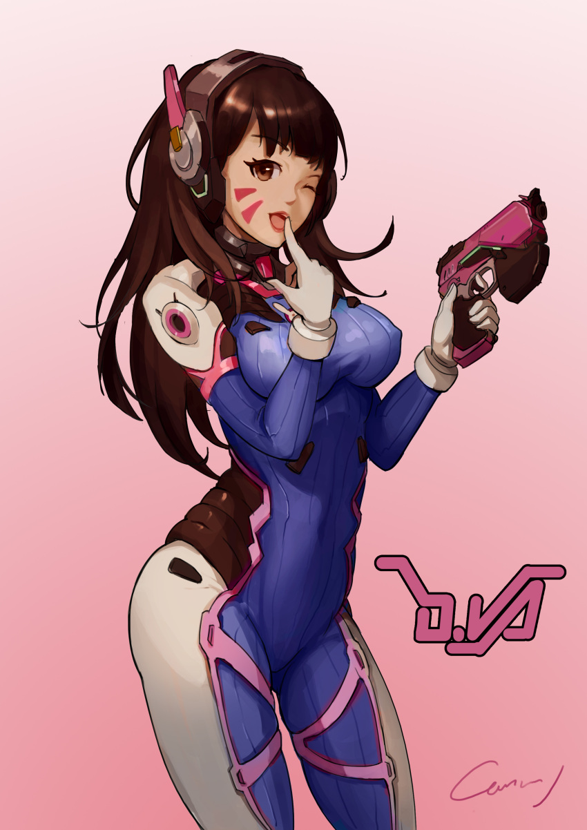 1girl ;d absurdres animal_print blue_bodysuit bodysuit bracer breasts brown_eyes brown_hair bunny_print character_name contrapposto covered_navel cowboy_shot d.va_(overwatch) erect_nipples facepaint facial_mark finetar finger_on_trigger finger_to_mouth from_behind gloves gluteal_fold gradient gradient_background gun hand_up handgun hands_up headphones high_collar highres holding holding_gun holding_weapon large_breasts legs_apart long_hair looking_at_viewer medium_breasts one_eye_closed open_mouth overwatch pauldrons pilot_suit pink_lips ribbed_bodysuit shoulder_pads signature skin_tight smile solo standing thigh_strap turtleneck weapon whisker_markings white_gloves white_legwear