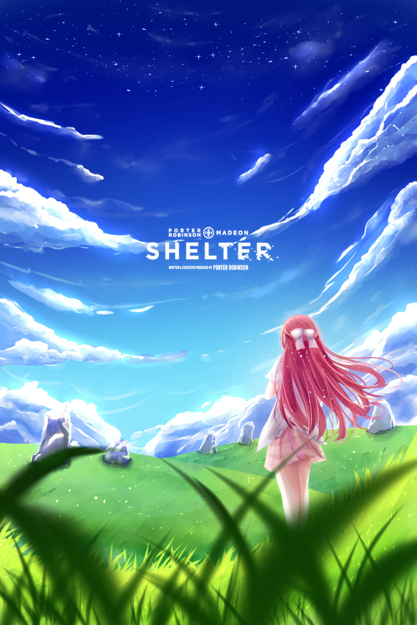 1girl blue_sky bow copyright_name digital_dissolve field from_behind hair_bow highres long_hair nore_th pink_hair plaid plaid_skirt rin_(shelter) rock shelter_(music_video) skirt sky solo white_bow wind