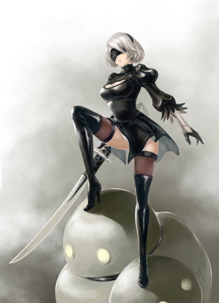 1girl absurdres black_dress black_gloves black_hairband black_legwear black_ribbon blindfold boots breasts brown_legwear cleavage cleavage_cutout covered_eyes dress full_body gloves hairband high_heels highres holding holding_sword holding_weapon juliet_sleeves katana leotard long_sleeves medium_breasts nier_(series) nier_automata parted_lips puffy_sleeves ribbed_dress ribbon robot short_dress short_hair side_slit silver_hair solo sword tassel thigh-highs thigh_boots turtleneck weapon white_leotard yorha_no._2_type_b yuen