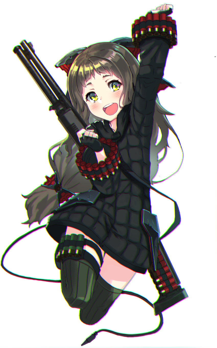 1girl :d absurdres blush brown_hair character_request chromatic_aberration commentary_request fingerless_gloves gloves green_legwear gun hand_up highres jumping long_hair low-tied_long_hair oota_youjo open_mouth shotgun smile solo thigh-highs weapon weapon_request yellow_eyes zettai_ryouiki