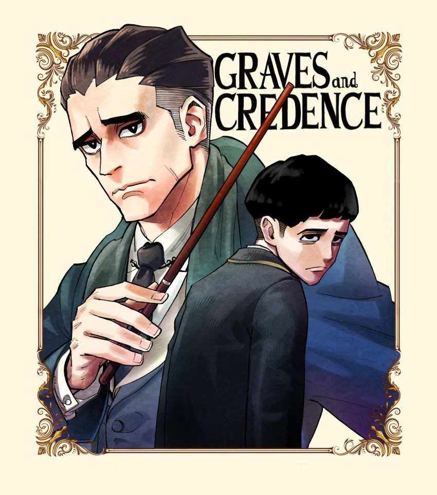 2boys black_eyes black_hair black_necktie border bowl_cut bright_pupils character_name coat credence_barebone fantastic_beasts_and_where_to_find_them highres looking_at_viewer male_focus multiple_boys necktie no_pupils percival_graves projected_inset shibata_yuusaku simple_background tan_background traditional_media undercut