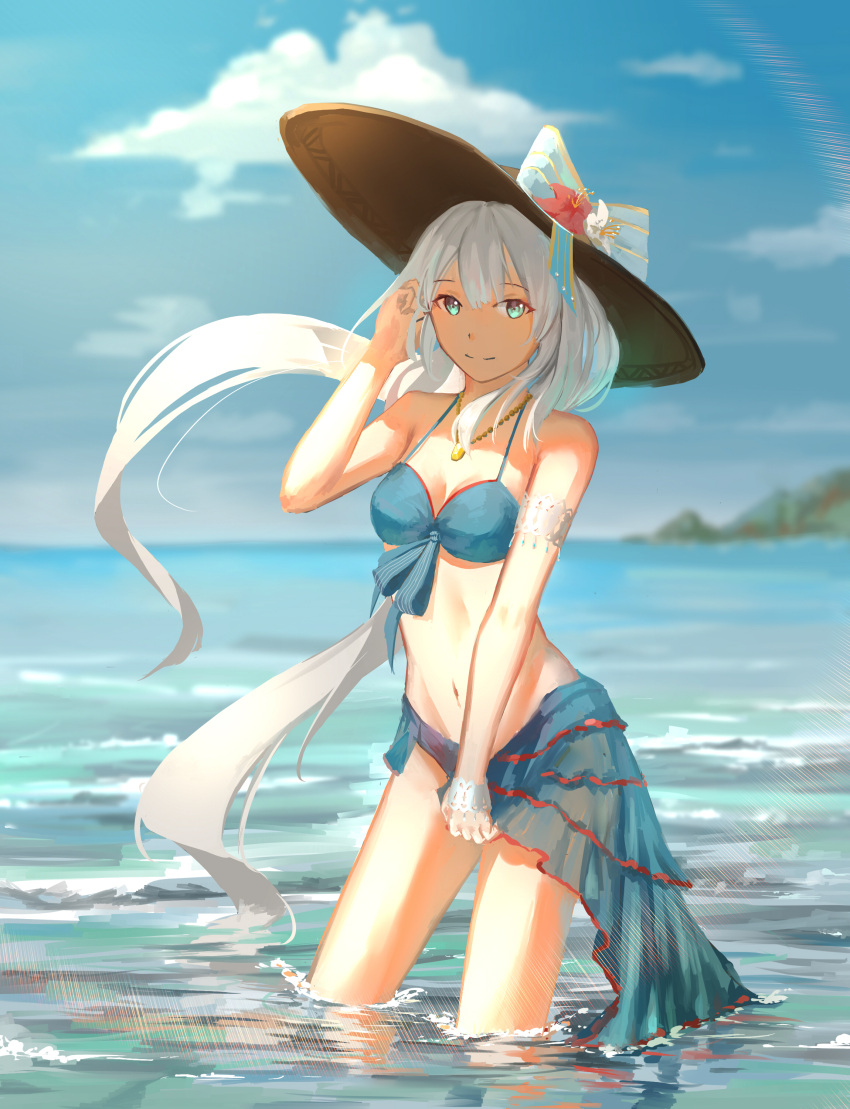 1girl absurdres armband bangs bare_shoulders bikini blue_bikini blue_eyes blue_sky blurry blurry_background breasts brown_hair cleavage closed_mouth clouds cloudy_sky collarbone day fate/grand_order fate_(series) flower front-tie_top groin hair_tucking hand_up hat hat_flower hat_ribbon highres jewelry lens_flare long_hair looking_at_viewer luomo marie_antoinette_(fate/grand_order) marie_antoinette_(swimsuit_caster)_(fate) medium_breasts midriff navel necklace ocean outdoors partially_submerged ribbon sarong sky smile solo sun_hat swimsuit twintails very_long_hair water