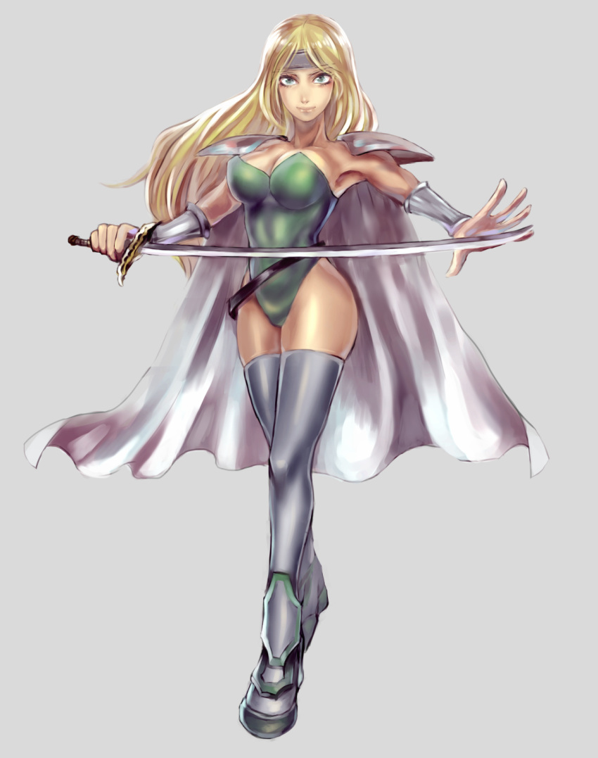 1girl blonde_hair blue_eyes boots breasts cape celes_chere final_fantasy final_fantasy_vi hashira_w highres leotard long_hair outstretched_arms saber_(weapon) solo sword thigh-highs thigh_boots weapon