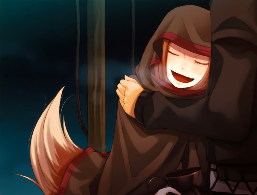 1boy 1girl absurdres ayakura_juu brown_hair closed_eyes fang hand_on_another's_shoulder highres holo hood official_art open_mouth spice_and_wolf tail wolf_tail