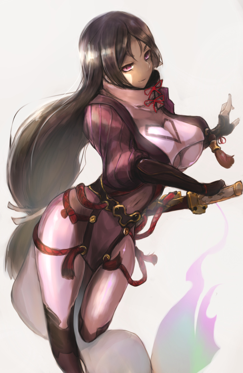 &gt;:) 1girl armor bangs black_hair bodysuit breasts closed_mouth cowboy_shot fate/grand_order fate_(series) from_side highres holding holding_sword holding_weapon japanese_armor katana kote large_breasts long_hair looking_at_viewer looking_to_the_side low-tied_long_hair minamoto_no_raikou_(fate/grand_order) parted_bangs pink_eyes purple_bodysuit shirokuma1414 solo sword very_long_hair violet_eyes weapon