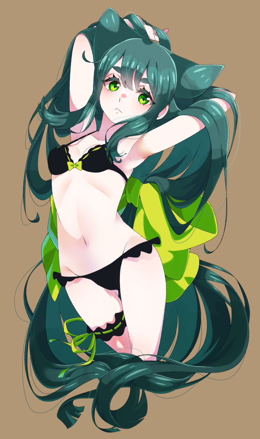 1girl armpits arms_up bare_shoulders bikini black_bikini breasts frilled_bikini frills gatchaman_crowds green_eyes green_hair highres leg_garter long_hair looking_at_viewer navel simple_background solo swimsuit utsutsu very_long_hair yupiteru