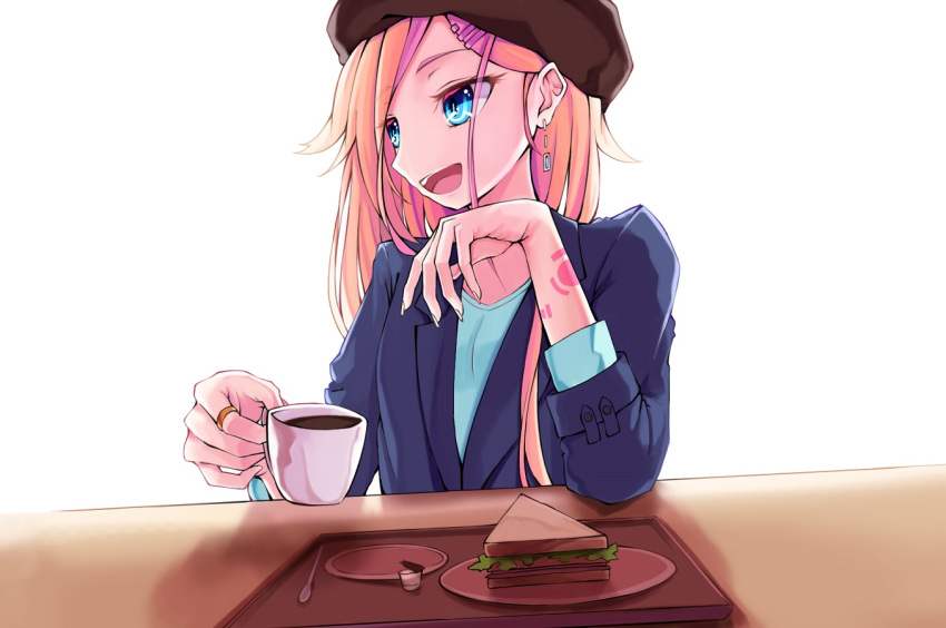 1girl aqua_eyes aqua_shirt beret blazer blonde_hair coffee coffee_cup cup dying0414 earrings eyebrows_visible_through_hair food hair_ornament hairclip hat holding holding_cup ia_(vocaloid) jacket jewelry long_hair looking_to_the_side open_mouth ring sandwich shirt simple_background sitting sleeves_past_elbows smile solo upper_body vocaloid white_background