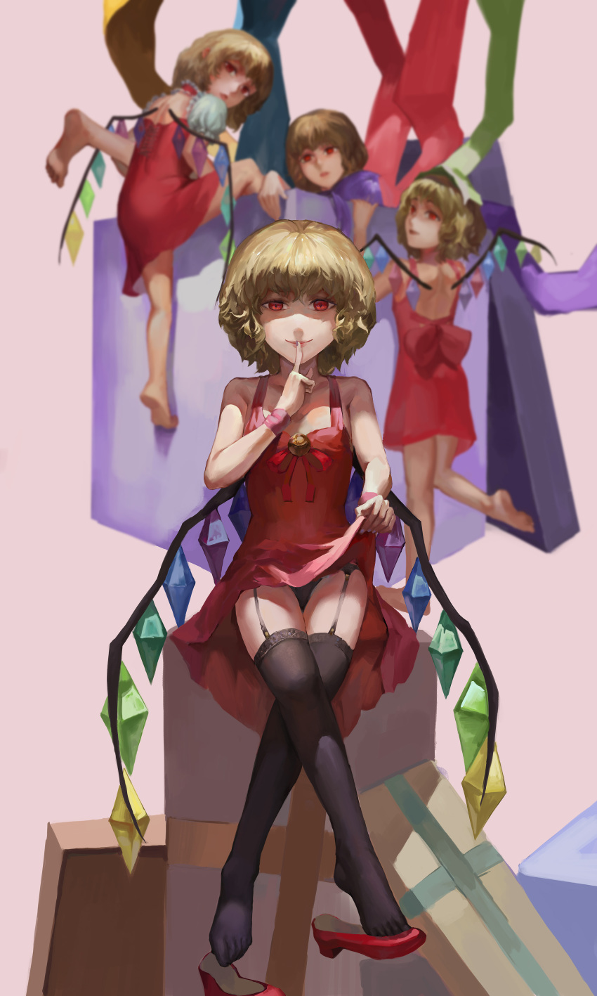 5girls absurdres adapted_costume alternate_costume back back_cutout backlighting bangs barefoot bell black_legwear black_panties blonde_hair blurry blurry_background box climbing collarbone dress expressionless finger_to_mouth flandre_scarlet four_of_a_kind_(touhou) garter_belt gift highres hips in_box in_container jiliang_ji_ying jingle_bell kneepits lace lace-trimmed_thighhighs lace_panties lavender_background leg_up legs legs_crossed looking_at_viewer looking_back multiple_girls multiple_persona open_box panties pantyshot pantyshot_(sitting) patchouli_knowledge puffy_short_sleeves puffy_sleeves red_eyes red_shoes ribbon shaded_face shiny shiny_hair shoe_dangle shoes shoes_removed short_dress short_hair short_sleeves shushing simple_background single_shoe sitting sleeveless sleeveless_dress smile thigh-highs thighs toes touhou underwear wavy_hair wings