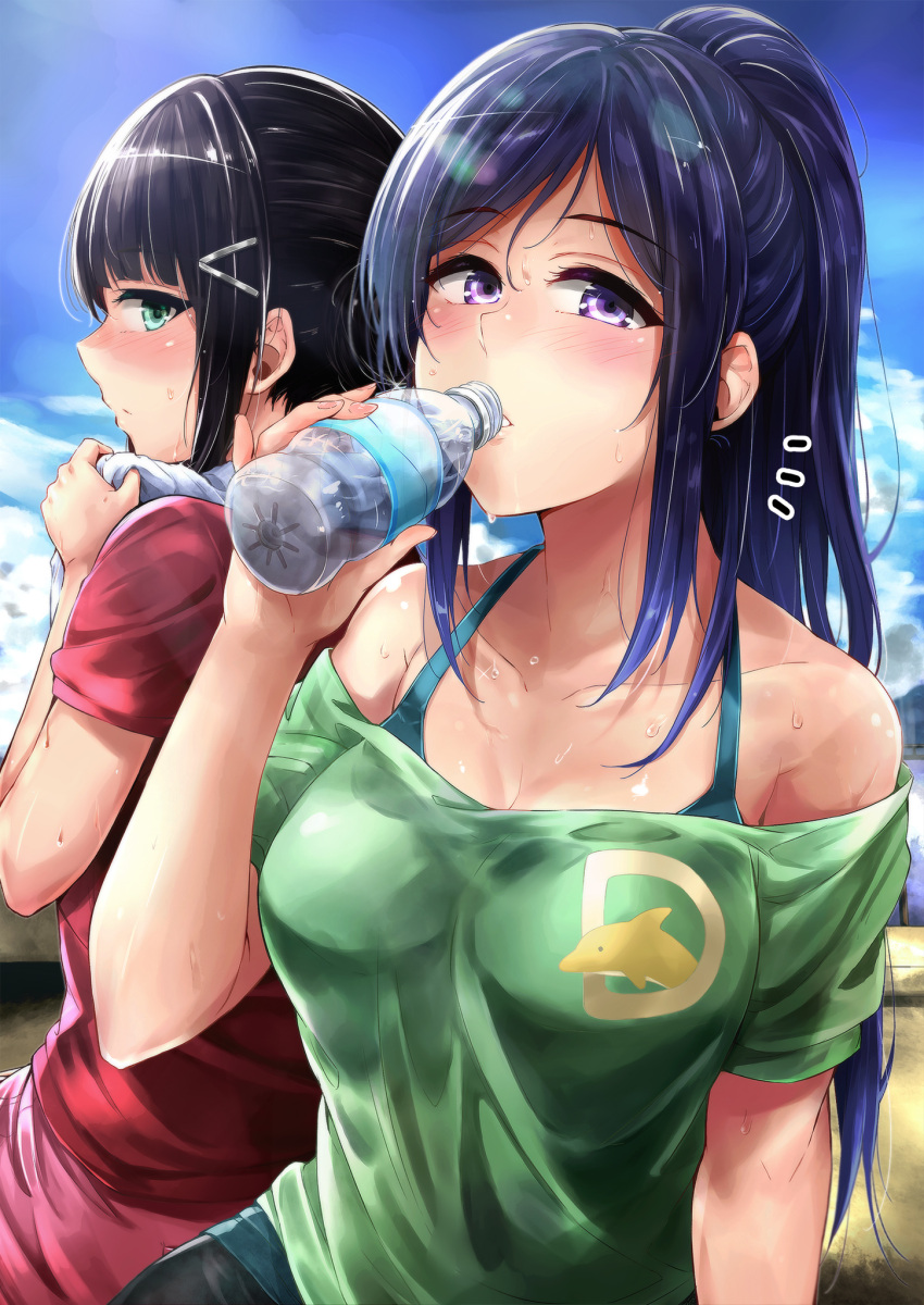 2girls black_hair blue_hair blush bottle breasts drinking green_hair hair_ornament hairclip highres kurosawa_dia love_live! love_live!_sunshine!! matsuura_kanan multiple_girls napo8593 ponytail shirt sweat tagme towel violet_eyes water_bottle