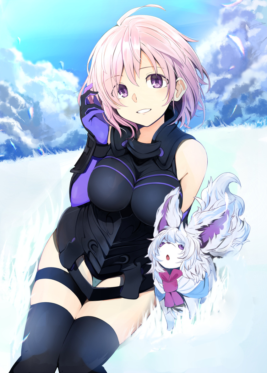 1girl :o bangs black_gloves black_legwear black_leotard blue_sky breasts chestnut_mouth cleavage clouds cloudy_sky elbow_gloves eyebrows_visible_through_hair fate/grand_order fate_(series) fou_(fate/grand_order) gloves hair_between_eyes hand_in_hair hand_up highres kazenoko large_breasts lavender_hair looking_at_viewer looking_up outdoors parted_lips shielder_(fate/grand_order) short_hair sitting sky smile solo tareme thigh-highs thigh_gap thigh_strap thighs violet_eyes