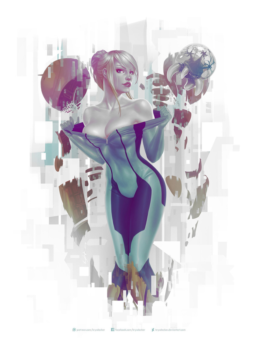 1girl bodysuit breasts cleavage covered_navel highres krystopher_decker looking_at_viewer metroid metroid_(creature) monochrome parted_lips samus_aran solo undressing unzipped zero_suit