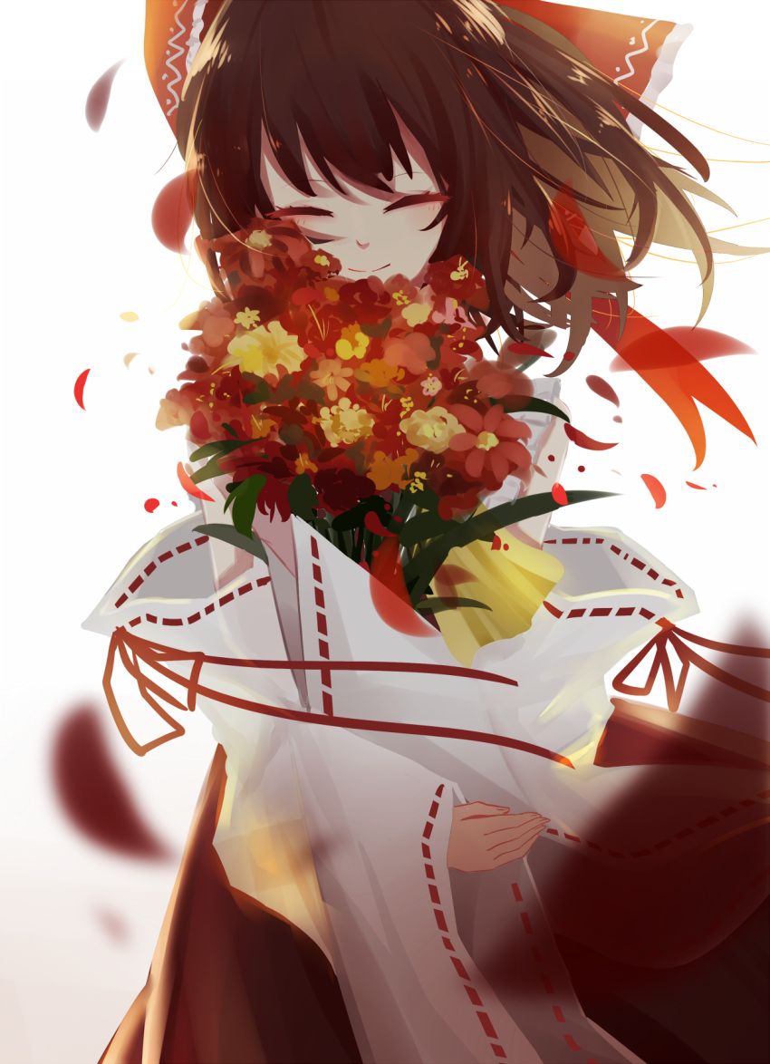 1girl aie ascot bouquet bow brown_hair closed_eyes closed_mouth detached_sleeves flower hair_bow hakurei_reimu highres petals ribbon-trimmed_sleeves ribbon_trim skirt skirt_set smile solo touhou wide_sleeves