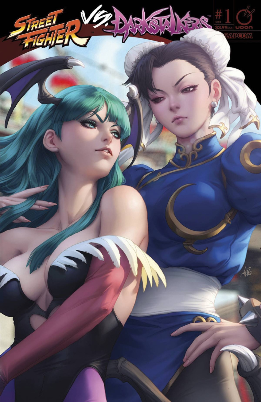 2girls bare_shoulders black_hair black_legwear blue_dress breasts bun_cover capcom china_dress chinese_clothes chun-li cleavage cover cover_page crossover demon_girl double_bun dress earrings eyebrows eyelashes eyeshadow fingernails forehead green_eyes green_hair hair_flip hand_on_hip head_wings highres jewelry lens_flare leotard lips long_fingernails low_wings makeup medium_breasts morrigan_aensland multiple_girls nose official_art pantyhose puffy_short_sleeves puffy_sleeves purple_legwear sash short_hair short_sleeves stanley_lau street_fighter street_fighter_vs._darkstalkers succubus udon_entertainment vampire_(game) wings