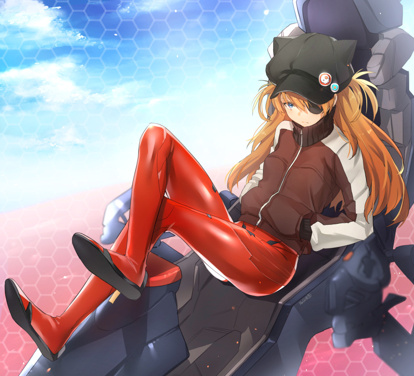 1girl absurdres animal_hat badge blue_eyes bodysuit closed_mouth evangelion:_3.0_you_can_(not)_redo eyepatch full_body hands_in_pockets hat hieung highres jacket legs_crossed long_hair looking_at_viewer neon_genesis_evangelion one_eye_covered orange_hair pilot_suit plugsuit rebuild_of_evangelion red_bodysuit scowl skin_tight solo souryuu_asuka_langley track_jacket zipper