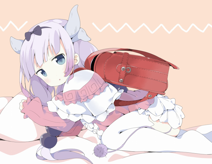 1girl ass backpack bag bangs beads black_bow black_hairband blue_eyes blunt_bangs bow capelet dragon_girl dragon_horns dragon_tail dress hair_beads hair_bow hair_ornament hairband horns kanna_kamui kobayashi-san_chi_no_maidragon long_hair long_sleeves looking_at_viewer monster_girl randoseru silver_hair solo tail tantan_men_(dragon) thigh-highs tied_hair twintails white_legwear zettai_ryouiki