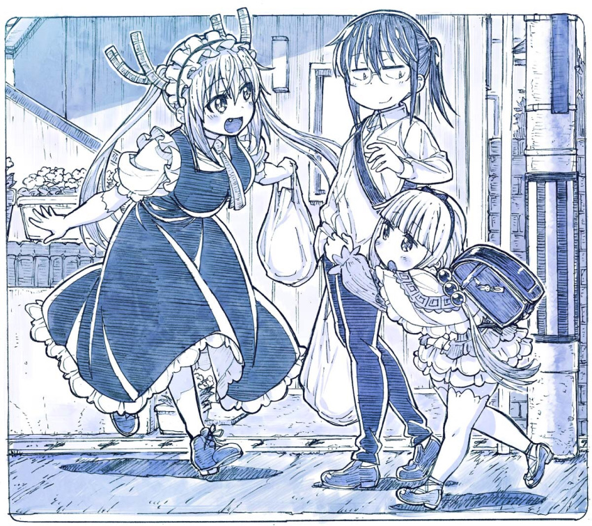 3girls :d :o backpack bag bangs beads blue blush breasts capelet commentary_request dragon_girl dragon_horns dragon_tail elbow_gloves eyebrows_visible_through_hair fang flower flower_pot glasses gloves graphite_(medium) hair_beads hair_between_eyes hair_ornament hairband holding_bag horns kanna_kamui kobayashi-san_chi_no_maidragon kobayashi_(maidragon) lace-up large_breasts long_hair long_sleeves low_twintails maid maid_headdress monochrome multiple_girls necktie open_mouth outdoors plant plastic_bag randoseru sakino_shingetsu shoes short_sleeves slit_pupils smile tail thigh-highs tooru_(maidragon) traditional_media twintails
