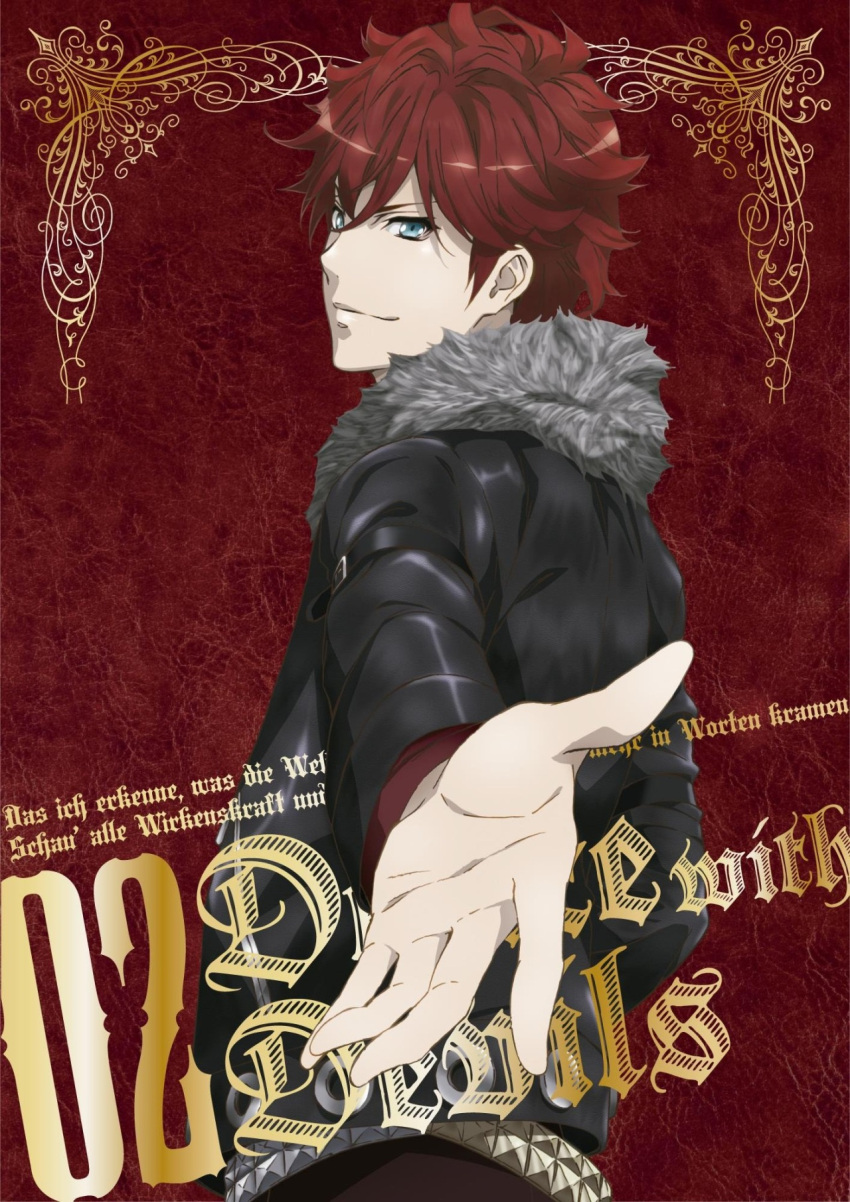 1boy blue_eyes dance_with_devils highres hood hoodie looking_at_viewer male_focus official_art outstretched_hand redhead short_hair smile solo tachibana_lindo text