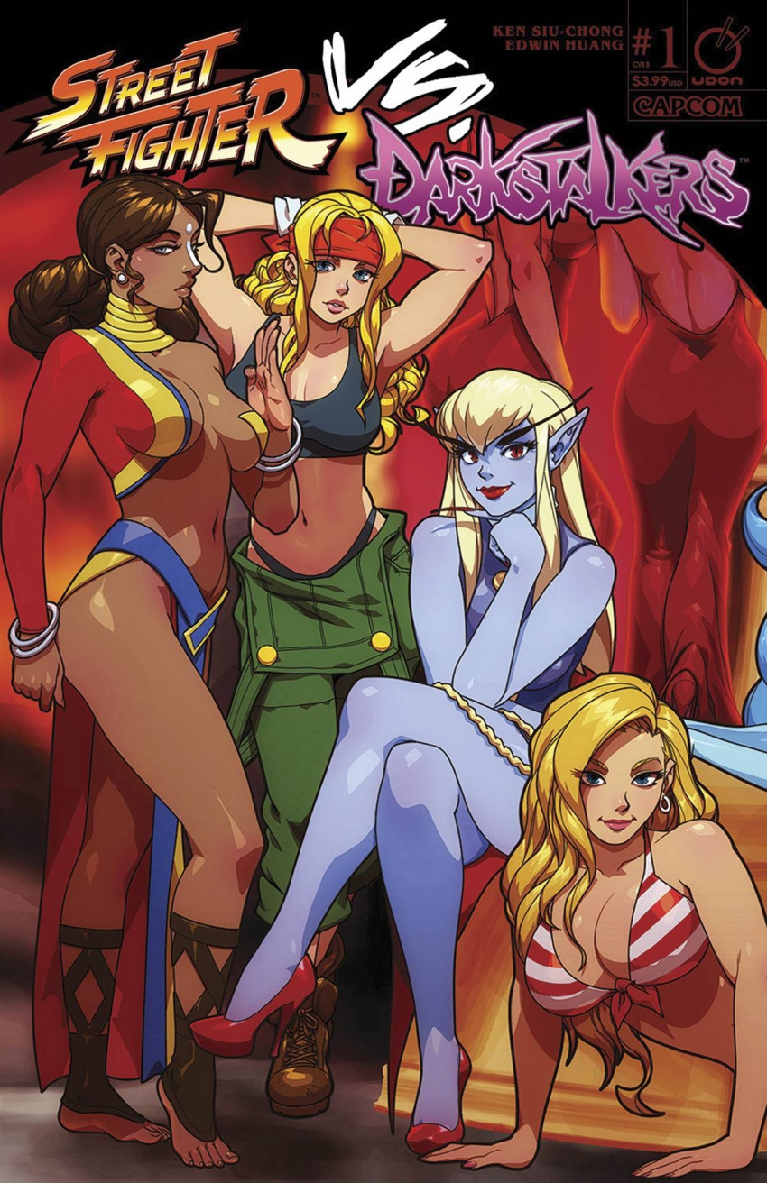 6+girls alex_(street_fighter) armpits arms_up ass asymmetrical_clothes bangle barefoot bikini blonde_hair blue_eyes blue_skin boots bracelet braid breasts brown_hair capcom china_dress chinese_clothes cleavage combat_boots cover cover_page crossover dark_skin demon_girl donovan_baine dress earrings facepaint fingernails front-tie_bikini front-tie_top greaves guile hair_over_one_eye hair_rings headband high_heels highleg highleg_panties highres hoop_earrings impossible_clothes jedah_dohma jewelry large_breasts legs_crossed lips lipstick long_fingernails looking_at_viewer makeup midnight_bliss midriff multiple_girls navel neck_ring official_art panties pelvic_curtain pointy_ears red_eyes red_shoes revealing_clothes robert_porter sharp_fingernails shoes sideboob sitting sports_bra stiletto_heels street_fighter street_fighter_vs._darkstalkers striped striped_bikini svc_chaos swimsuit thick_eyebrows toes udon_entertainment underwear vampire_(game)