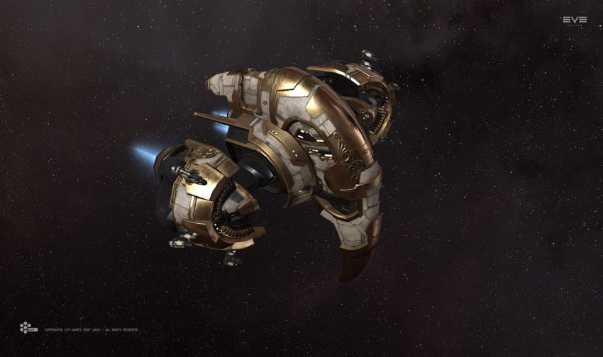 3d amarr_empire_(eve_online) beam_cannon cannon commentary company_logo company_name copyright_logo copyright_name dated energy_cannon eve_online exploration_ship_(eve_online) flying frigate_(eve_online) glint glowing gold highres laser_cannon logo magnate_(eve_online) military_vehicle no_humans official_art outdoors realistic salvo_(willem_van_biljon) science_fiction sky space spacecraft spacecraft_turret star_(sky) starry_sky thrusters vehicle_focus