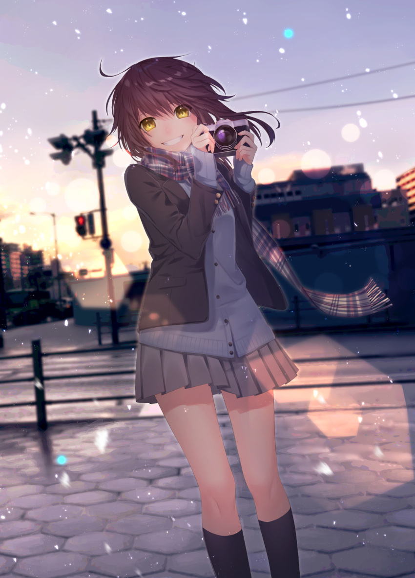 1girl bangs black_jacket black_legwear blazer blurry breath brown_hair building camera cardigan cold commentary_request depth_of_field floating_hair grey_skirt grin hair_between_eyes highres holding holding_camera house jacket kneehighs lamppost lens_flare looking_at_viewer miniskirt motion_blur natsutora open_blazer open_clothes open_jacket original outdoors pavement plaid plaid_scarf pleated_skirt power_lines railing road scarf school_uniform skirt sky sleeves_past_wrists smile snowing solo standing street taking_picture traffic_light utility_pole wind winter yellow_eyes