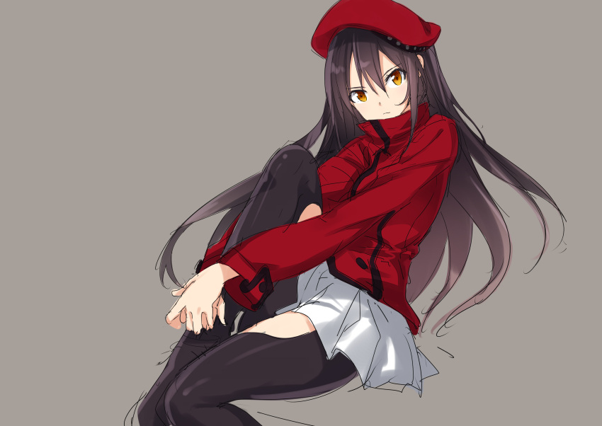1girl absurdres bangs beret black_hair black_legwear brown_eyes character_request closed_mouth copyright_request expressionless grey_background hair_between_eyes hat highres hirasato knee_up long_hair long_sleeves looking_at_viewer own_hands_together pleated_skirt simple_background sitting sketch skirt solo turtleneck v_arms white_skirt