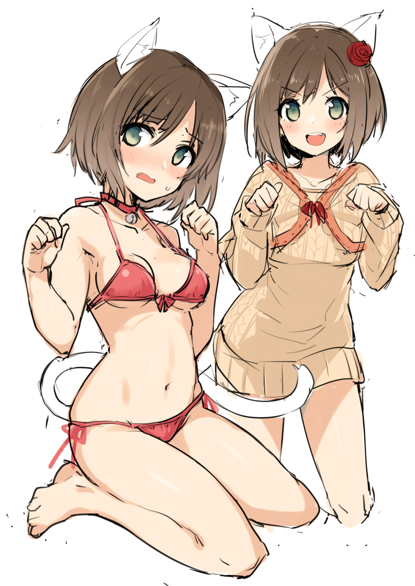 1girl absurdres animal_ears aran_sweater bell bell_collar bikini blush breasts brown_hair cat_ears cat_tail collar collarbone dress fang flower front-tie_bikini front-tie_top full_body green_eyes hair_flower hair_ornament highres hirasato idolmaster idolmaster_cinderella_girls jingle_bell looking_at_viewer maekawa_miku medium_breasts multiple_views navel open_mouth paw_pose red_bikini red_flower short_hair side-tie_bikini simple_background sitting sketch smile solo sweater sweater_dress swimsuit tail teeth thighs wariza white_background