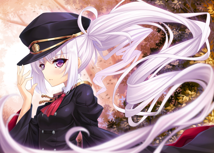 1girl absurdres ascot bangs black_hat black_jacket breasts collared_shirt cravat dress_shirt epaulettes eyebrows_visible_through_hair fingerless_gloves floating_hair gloves hand_on_headwear hand_to_head hand_up hat highres jacket lavender_hair leaf long_hair long_sleeves looking_at_viewer military military_jacket military_uniform original peaked_cap plant rope shirt sidelocks small_breasts solo tonchan tree twintails uniform upper_body very_long_hair violet_eyes white_shirt wide_sleeves wind