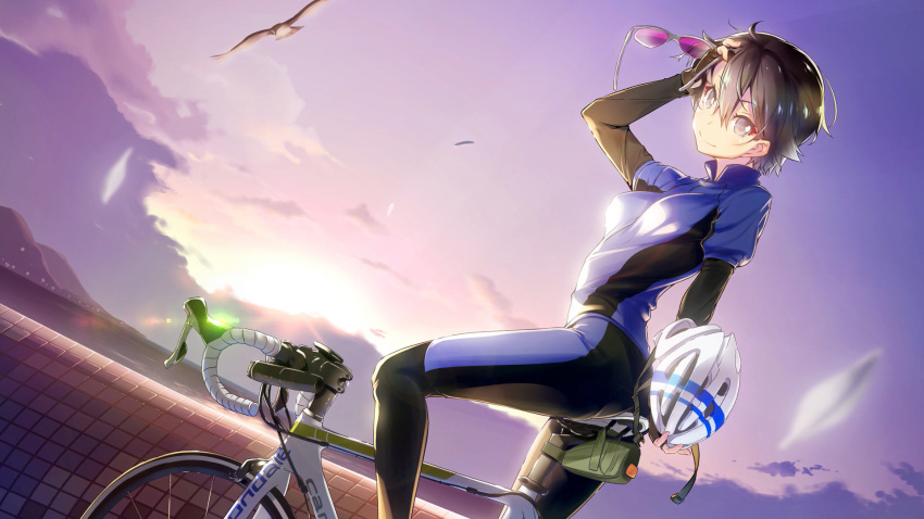 1girl bicycle bicycle_helmet bike_jersey black_hair ground_vehicle headwear_removed helmet helmet_removed highres minami-kamakura_koukou_joshi_jitensha-bu nilitsu short_hair solo sunglasses sunglasses_removed