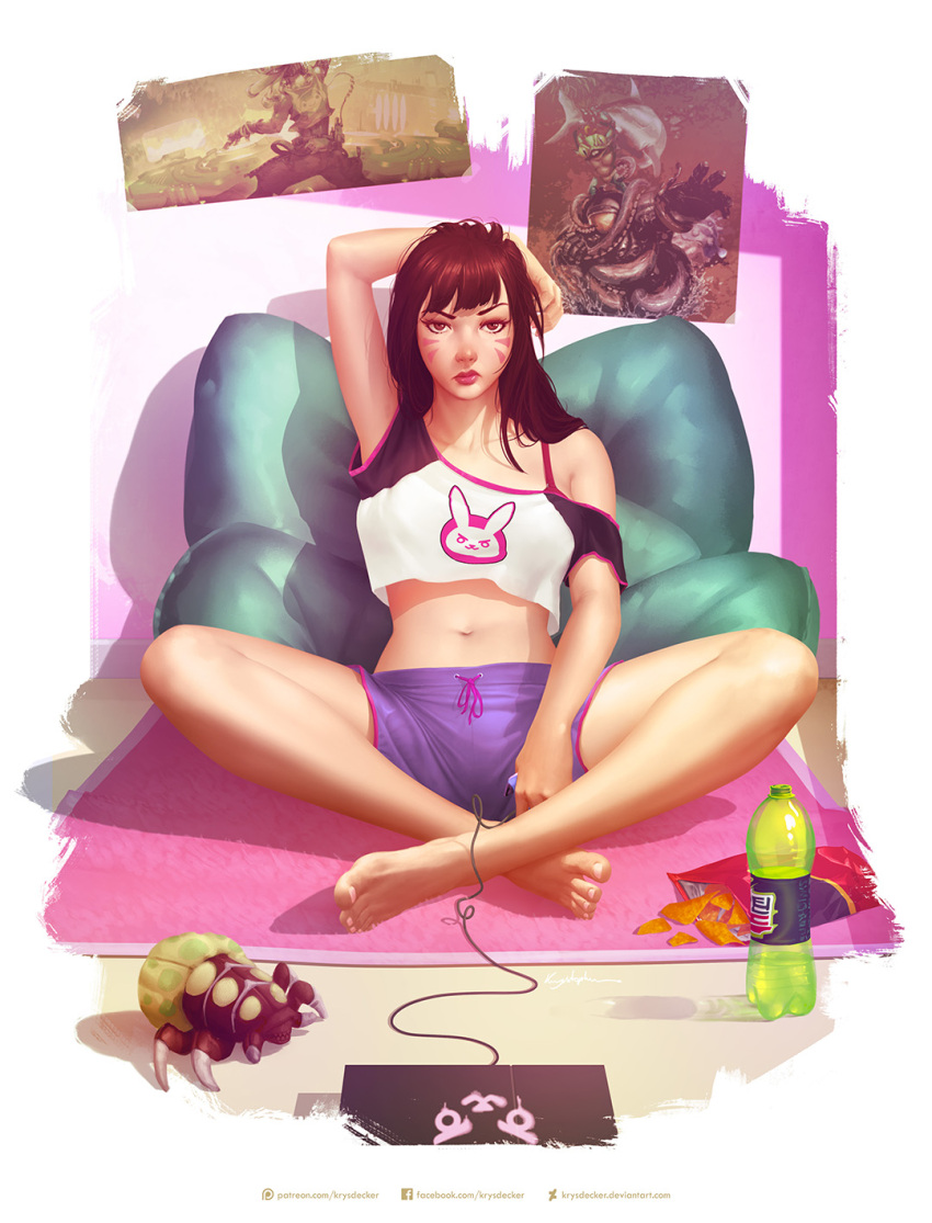 1girl arm_behind_head bag_of_chips barefoot bra_strap brown_eyes brown_hair carpet casual chips controller crop_top d.va_(overwatch) feet food game_console game_controller highres indian_style krystopher_decker lucio_(overwatch) midriff navel off_shoulder overwatch pillow poster_(object) short_shorts shorts sitting soda_bottle solo toes whisker_markings zerg_baneling