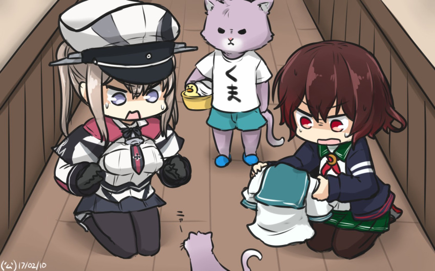 3girls animalization blonde_hair brown_hair capelet cat commentary dated gloves graf_zeppelin_(kantai_collection) hamu_koutarou hat highres kantai_collection military military_hat military_uniform multiple_girls mutsuki_(kantai_collection) pantyhose peaked_cap red_eyes remodel_(kantai_collection) rubber_duck school_uniform serafuku short_hair sidelocks tama_(kantai_collection) uniform
